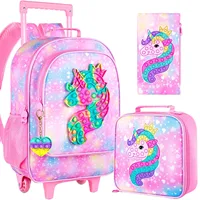 3PCS Rolling Backpack for Girls, Kids Roller Wheels Bookbag, Wheeled School Bag with Lunch Bag - Unicorn Pink 1