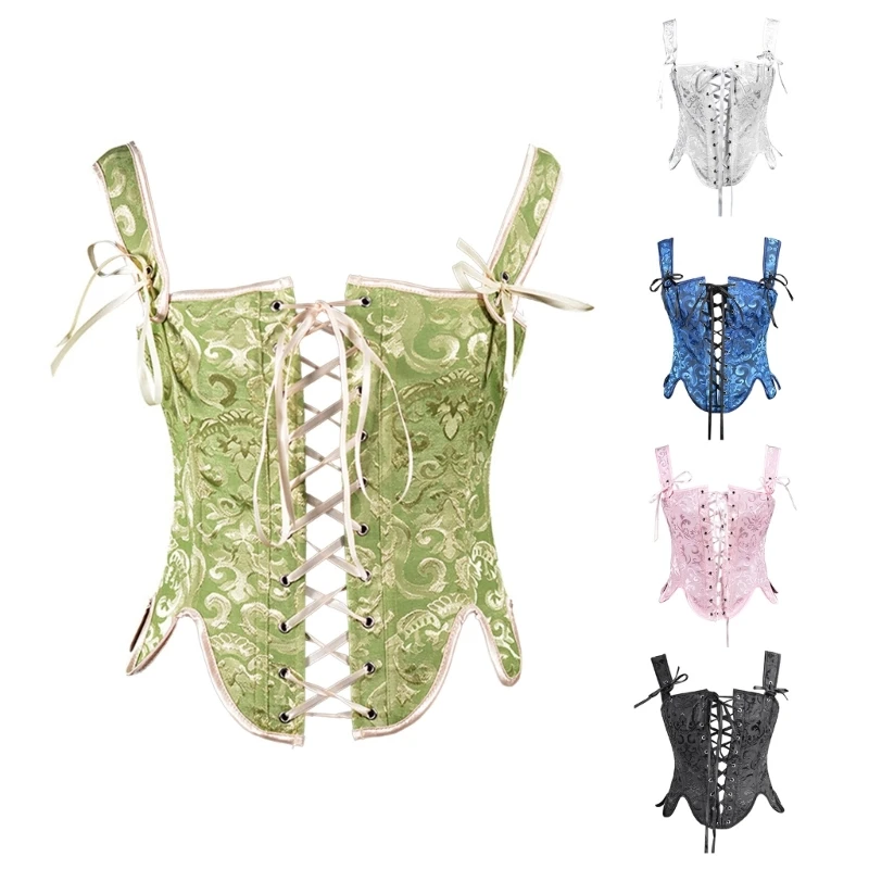 

Women Sexy Cropped Tube Top Jacquard Corset Jacquard Bustier Body Shaper Push Up Corset Ribbon