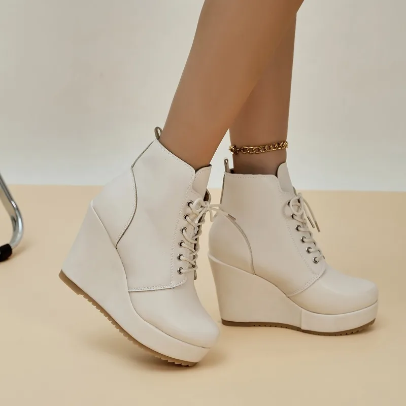Women's Boots Short Lace Up Wedge Booties Platform Wedge Vintage Booties Comfortable Roman Heels Boots Zapatillas De Mujer