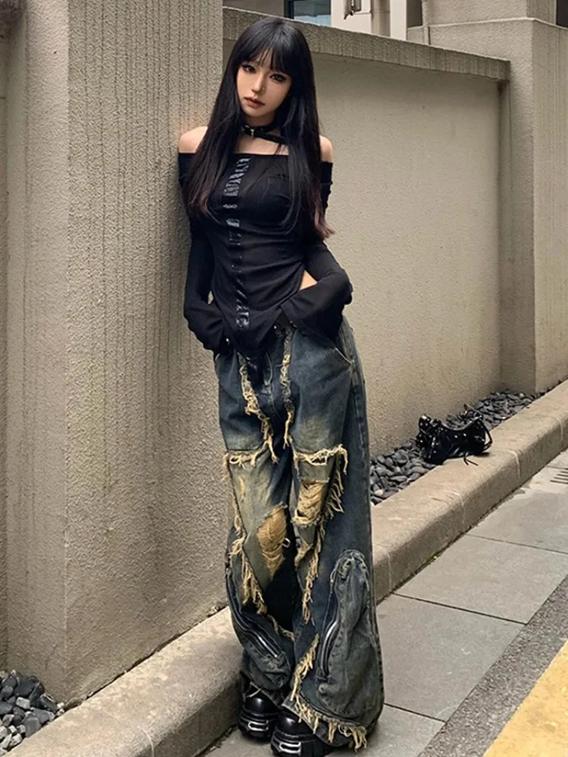 Y2K High Street Ripped Tassel Washed Baggy Jeans Woman Retro Street Hip-hop Loose Old Fashion Casual High Waist Wide Leg Jeans 3
