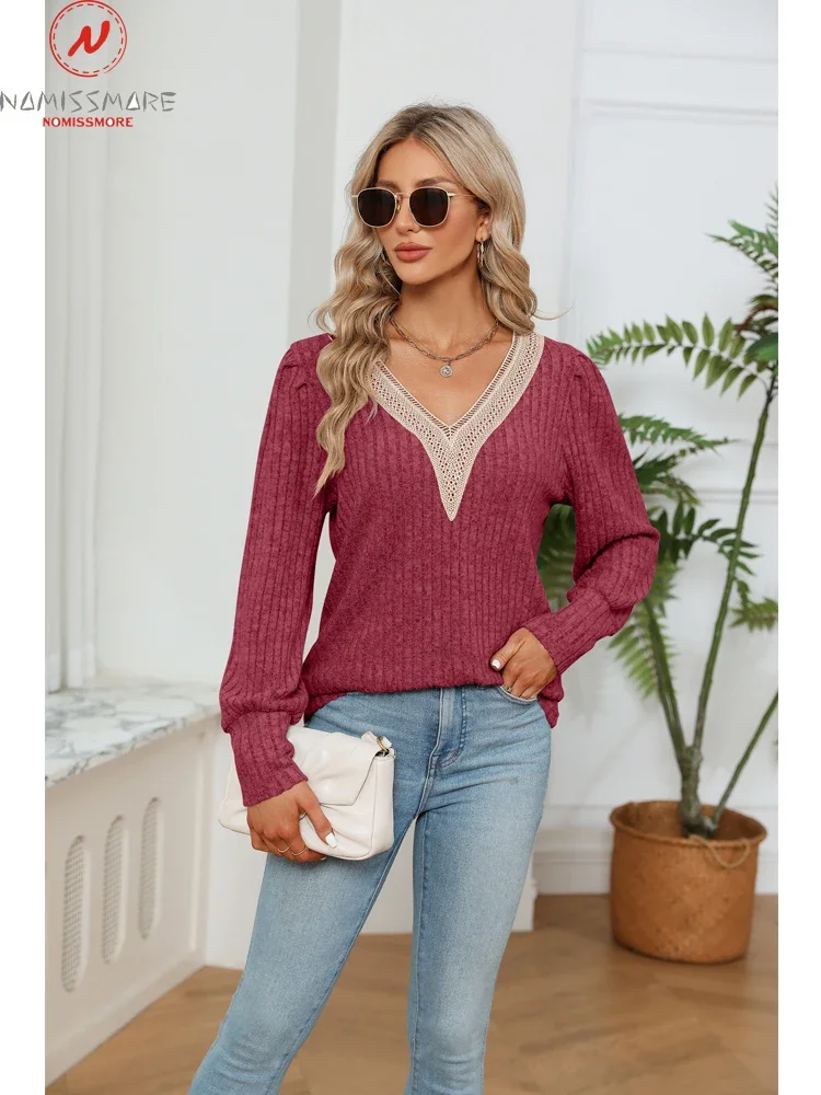 

Women Solid Color Vertical Stripe T-Shirts Patchwork Design Lace Decor V-Neck Puff Sleeve Autumn Casual Loose Pullovers Top