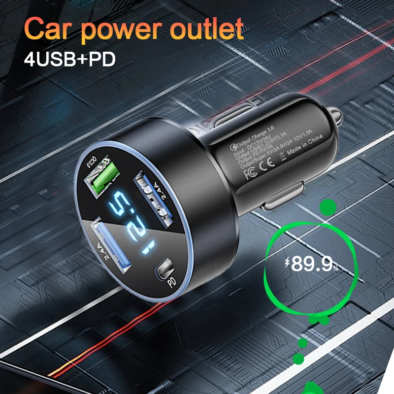 4-port car charger 3 USB plus 1 PD hole for quick charging at the same time car power divider suitable for 12V-24V models