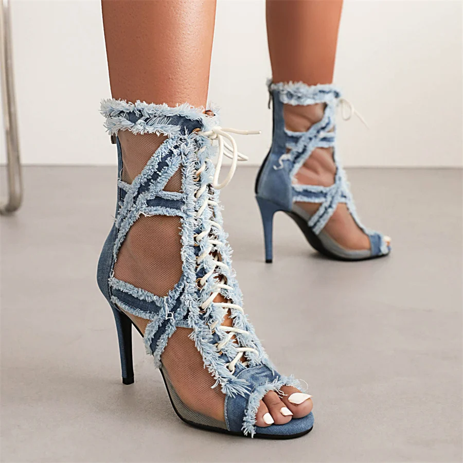 

Open Toe Denim Women Sandals 2023 Ankle Strap Stiletto Cutout Zip Plus Size High Heels Sandals Casual Daily Fish Mouth Shoes