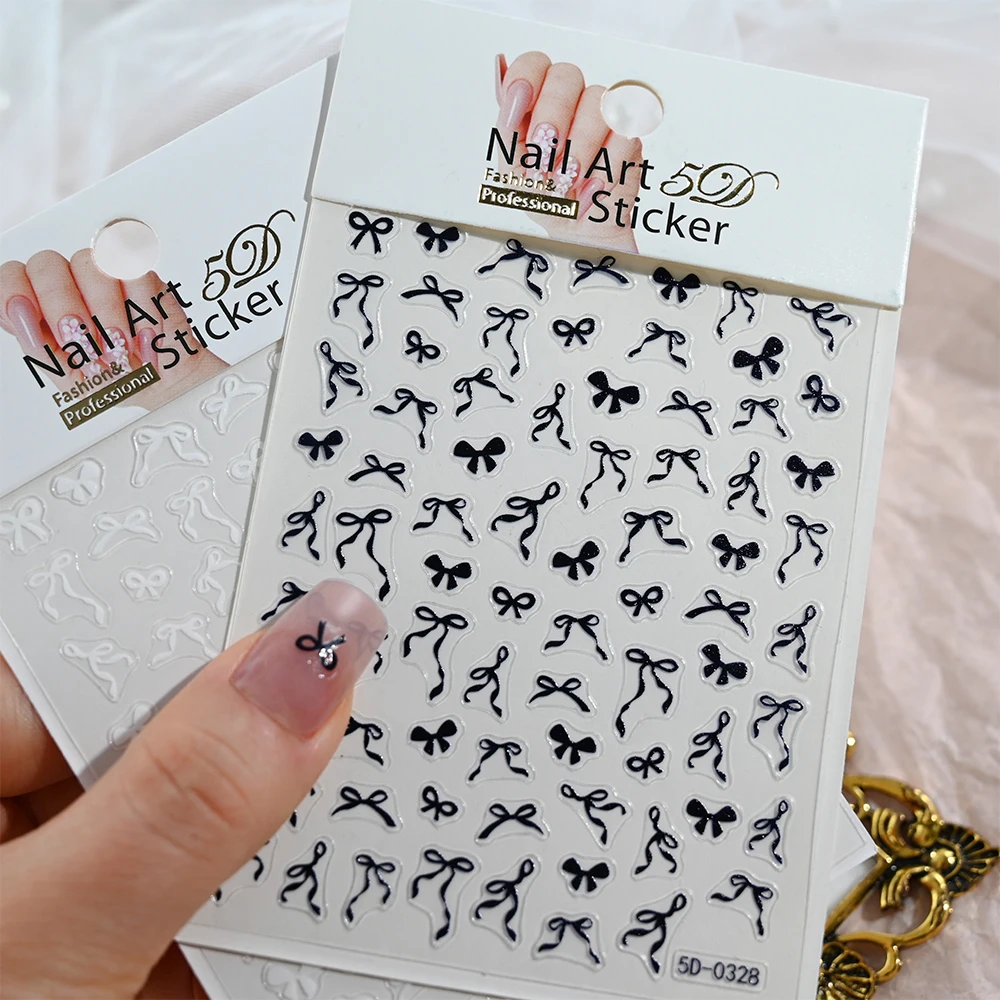 1Sheet Pink/White/Black Bow 5D Nail Art Stickers Bowknot Self-Adhesive Slider Romantic Lace Ribbon Valentine's Manicure Decals * 5