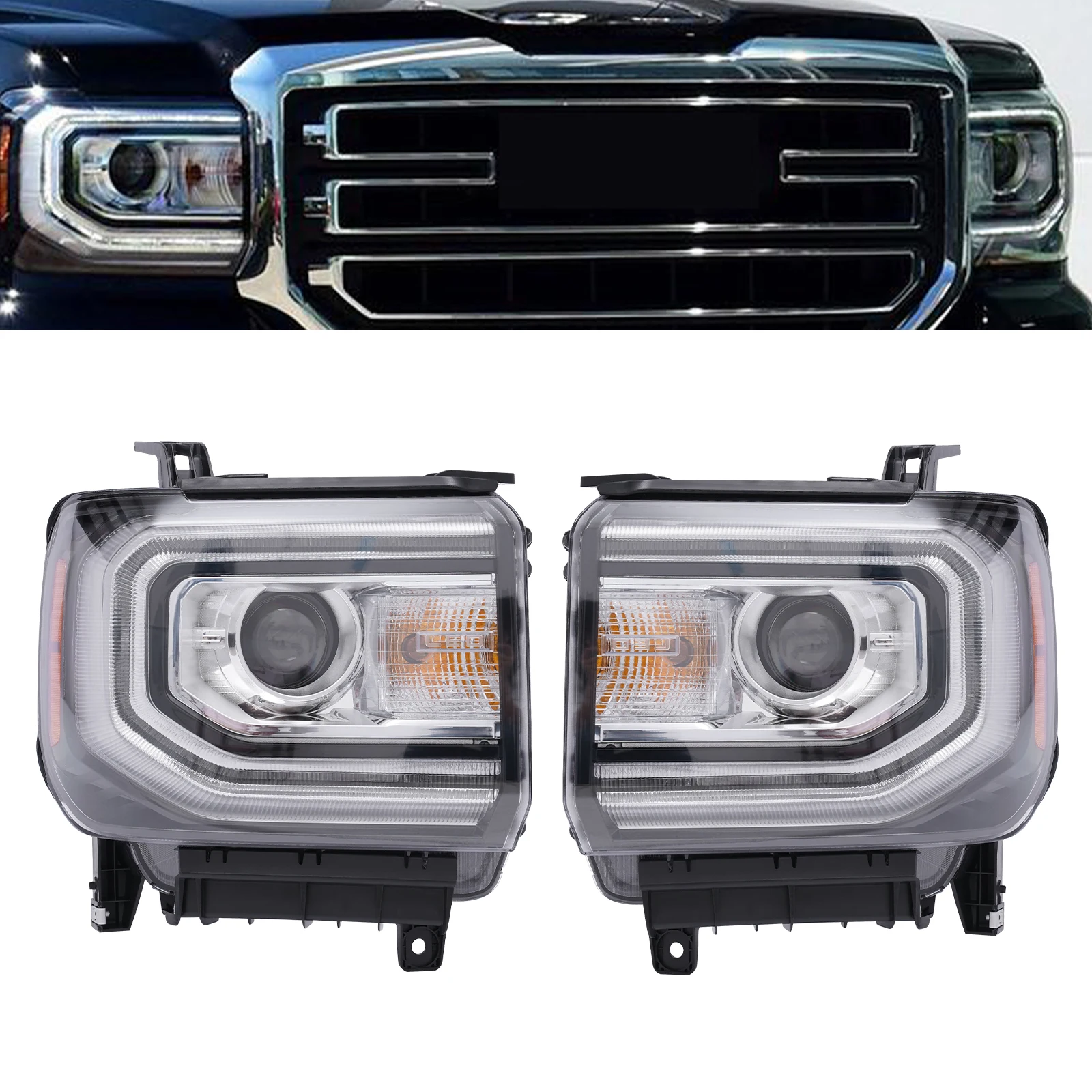 

Front Headlight Assembly For 2016 2017 2018 GMC Sierra 1500 HID/Xenon LED Headlamp Driver Left Side/ Passenger Right Side/ Pair