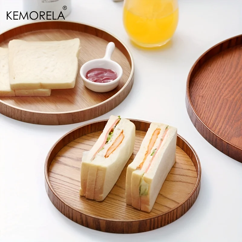 Wooden Serving Tray Kemorela 4 sizes Round Acacia Wood Decorative Farmhouse Candle Holder For Kitchen Counter Home Decoration