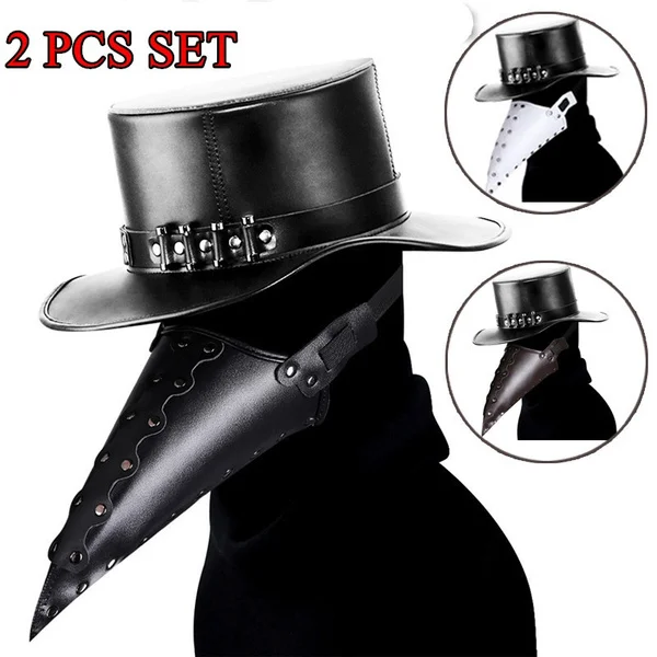 

2 Pcs Set Steampunk Gothic Plague Doctor Masks With Punk Retro Top Hats Halloween Cosplay Costume Pu Leather Bowler Hats