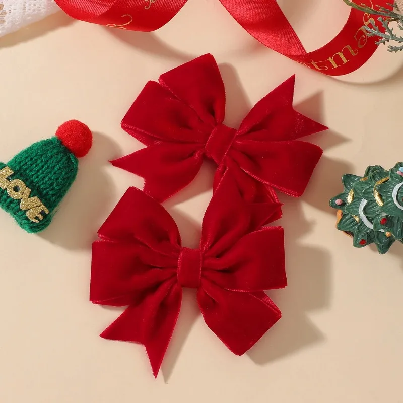 Handmade Velvet Bow Hair Clips 2-Piece Set - Christmas Red & Green Hairpins for Baby Girls, Vintage-Style Soft Barrettes