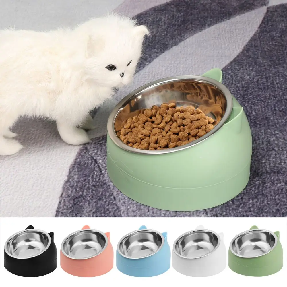 Cute Cat Dog Bowl Protect The Cervical Spine Oblique Mouth Pet Stainless Steel Fall-resistant Durable Food Bowl Pet Supplies