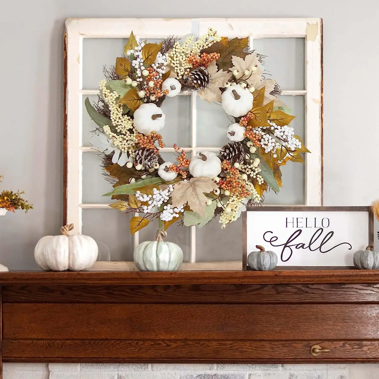 Corona Decorativa De Otoño Para Puerta - Calabaza Blanca Y Hojas De Arce Artificiales, 30 Cm, Para Interior/Exterior (Decoración De Harvest/Thanksgiving)