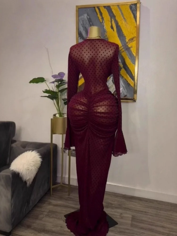 Wmstar Dresses for Women Wholesale Flared Long Sleeved  See Through Velvet Pleated Long Dress with Halter Top Dropshopping