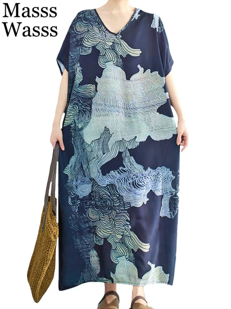 

Masss Wasss 2022 модные китайские дизайнерские женские летние платья с V-образным вырезом Одежда большого размера льняное повседневное офисное длинное платье