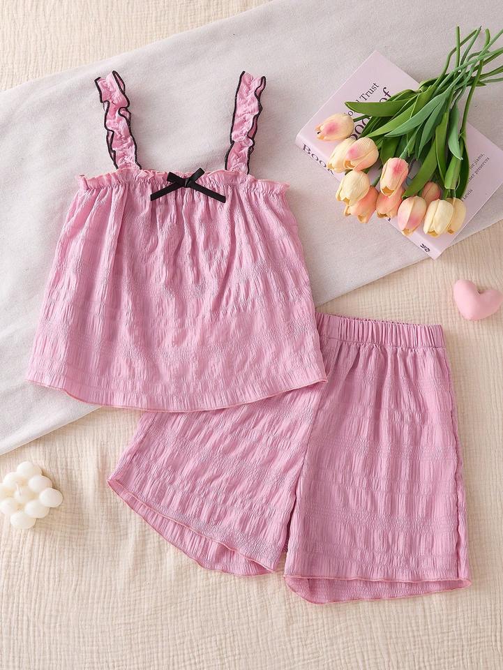 Summer collection of fashionable home clothes for girls, sweet and simple bow tie pink tank top shorts for outdoor leisure.