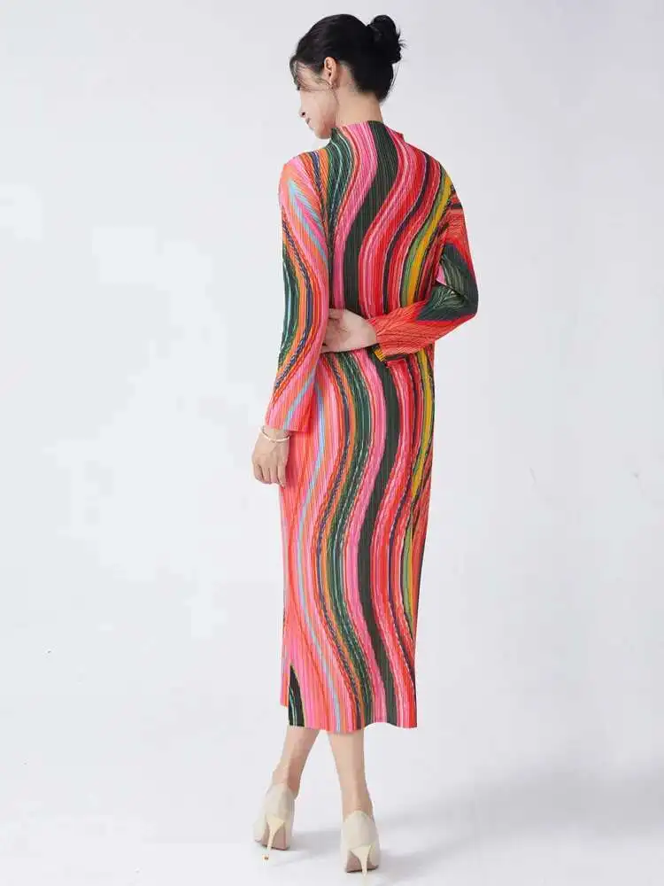 LANMREM High Collar Long Sleeve Women Dresses Contrast Color Striped Pleated Slim Mid-Calf Elegant Fashion Clothing New 2DC1022 - Image 4