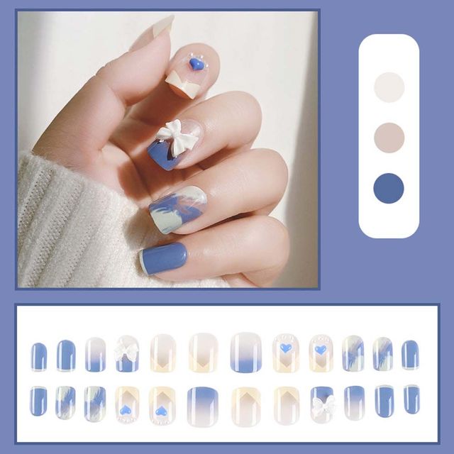 on False with Designs Set Bowknot Cartoon Animal Decal Fake Nails Art Heart Point Full Cover Artificial Short Nail Tips