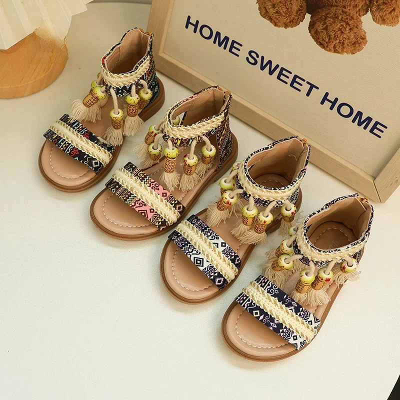 

Kids Sandals for Girls Retro National Style Princess Tassel Flat Sandals Fashion Open-toe Children Causal Roman Beach Sandals