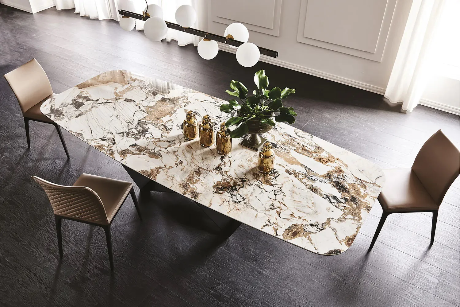 Description Picture 6 of itemDesigner Kitchen Table Nature Stone Texture Black Finish Iron Apartment Home Villa Furniture Modern Marble Table For Dining Room