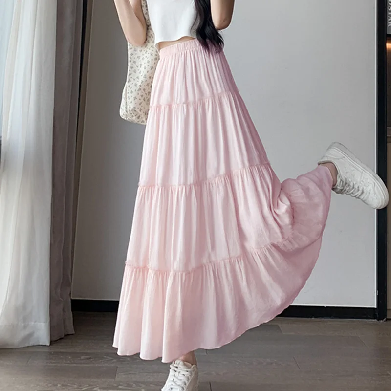 Women Long Skirt,2025 Solid A-line High Waist Two Layer Skirts,Casual Petite French Puffy Cake Skirt Long Elegant Skirts