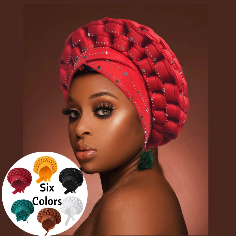 

Exaggerated Braids Turban Cap African Sequin Head Wrap Diamonds Nigeria Auto Gele Headtie Wedding Party Headwear Muslim Hijab