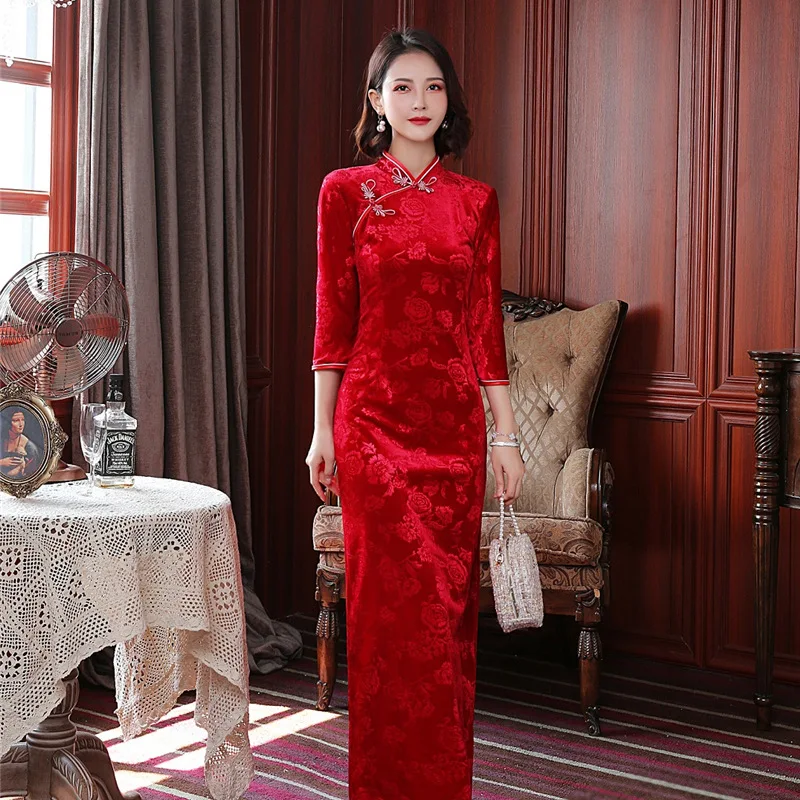 Red Chinese Traditional Velvet Cheongsam Vintage Plus Size Female Women Long Dress Winter Slim Qipao Blue M To 5XL