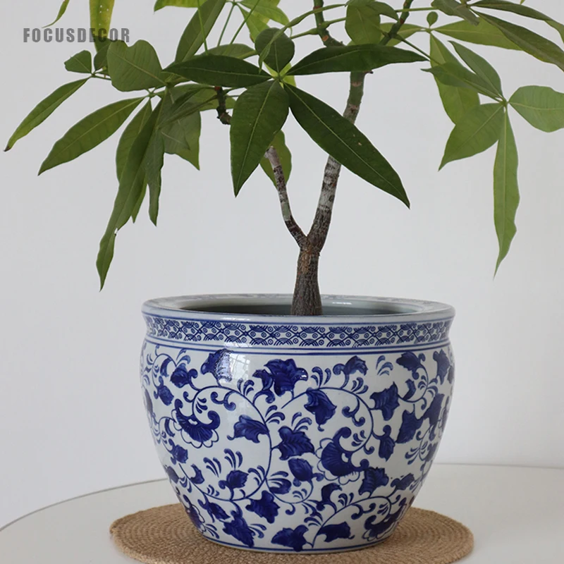 10-Inch Blue And White Ceramic Flower Pot Flower Vase Indoor Floor Flower Pot Retro Chinese Style