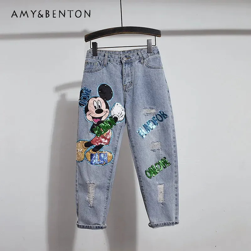 

Potdemiel Heavy Industry Cartoon Beaded Sequins Hole Light Denim Pants Cute Ankle-Tied Long Harem Trousers Baggy Jeans Women