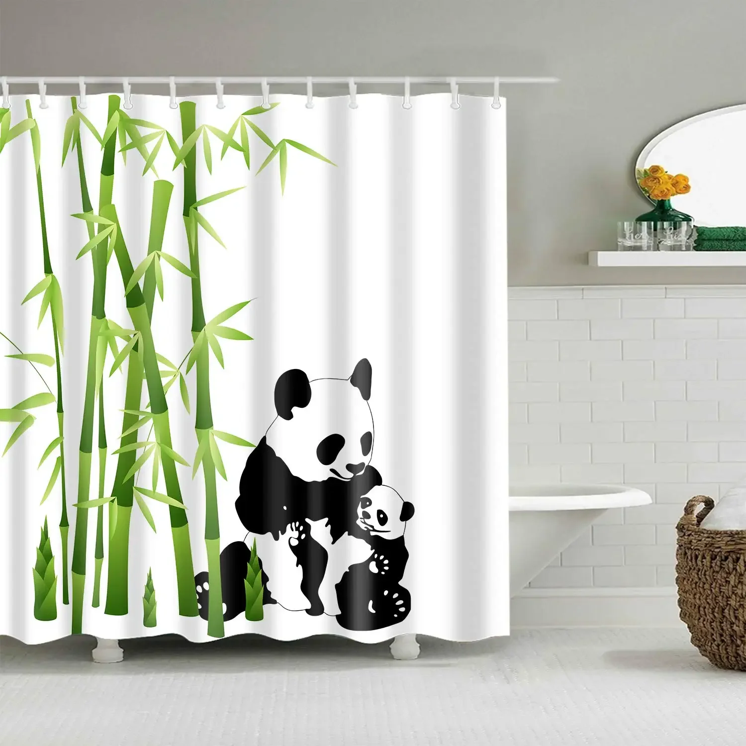 

Animal Photography Shower Curtain Panda with Baby Panda Eating Bamboo Bathroom Curtains Waterproof Durable Decor Set with Hooks
