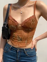 Haut court à volants en dentelle marron pour femmes, camisole florale, corset mignon, bretelles spaghetti, sweats Harajuku, tee-shirt, gilets de plage 3