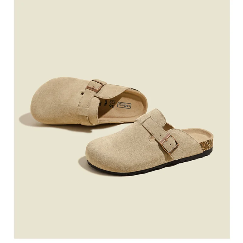 Unisex Suede Wooden Slippers with Cork Insoles - Versatile Indoor/Outdoor Beachfront Villa Footwear