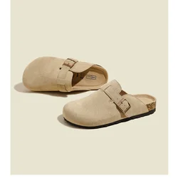 Unisex Suede Wooden Slippers with Cork Insoles - Versatile Indoor/Outdoor Beachfront Villa Footwear - 38 (Light khaki)