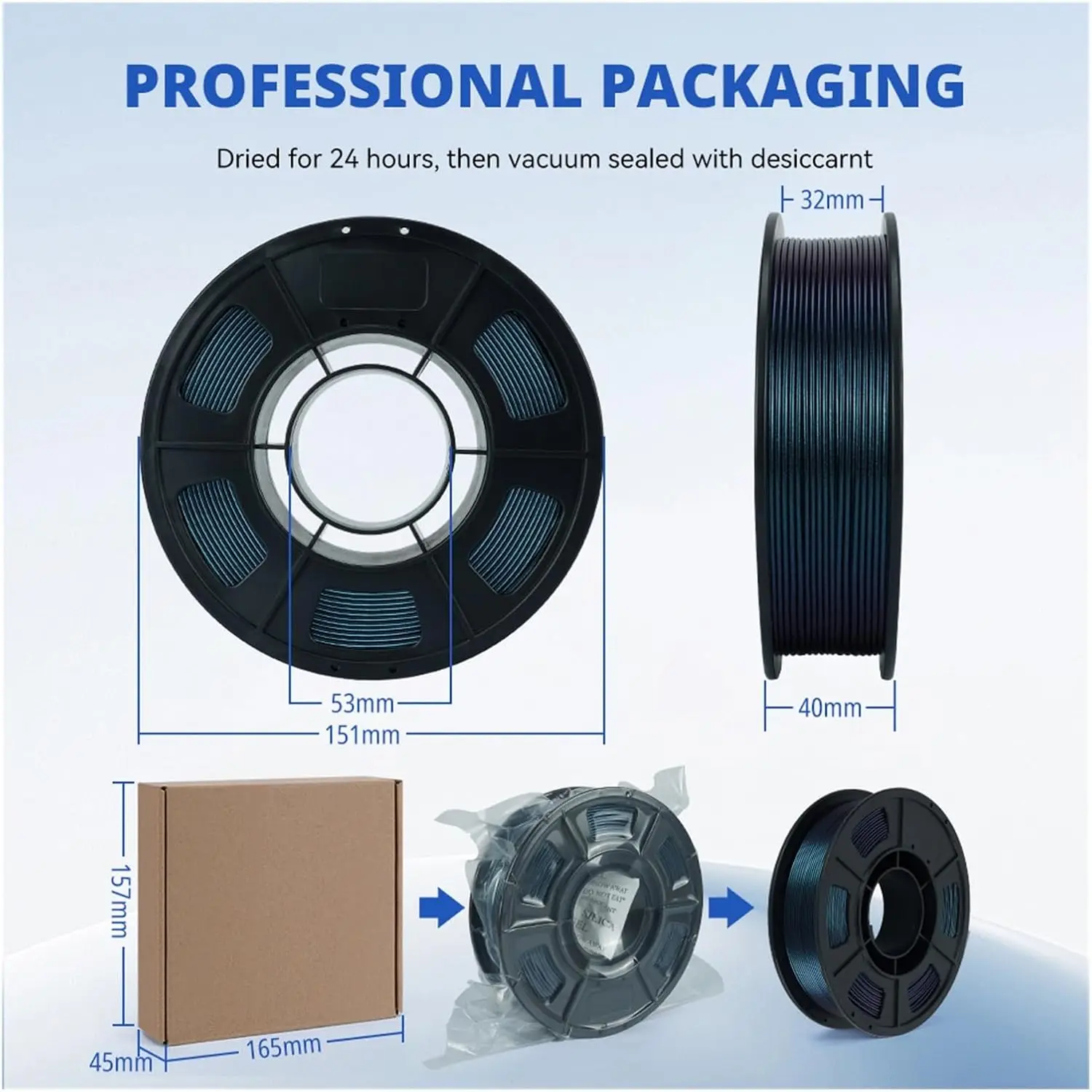 PLA 3D 프린터 필라멘트 1.75mm 250g |   반짝이는 글리터 마감, 색상 변화 효과, ±0.02mm 정확도, 엉킴 방지, 진공 처리