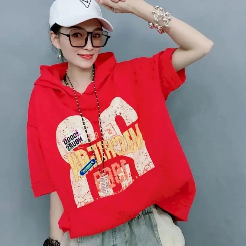 

2022 Summer New Hooded Tshirt Short-sleeved Printed All-match Korean Tops Women Loose Oversized Hooded Casual Fashion T-shirts