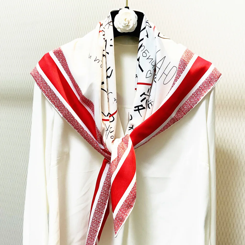 

Luxury Brand Twill Silk Long 90cm*90cm Square Scarves Women Love Letter Printed Headband Shawl Muslim Hijab Four Seasons