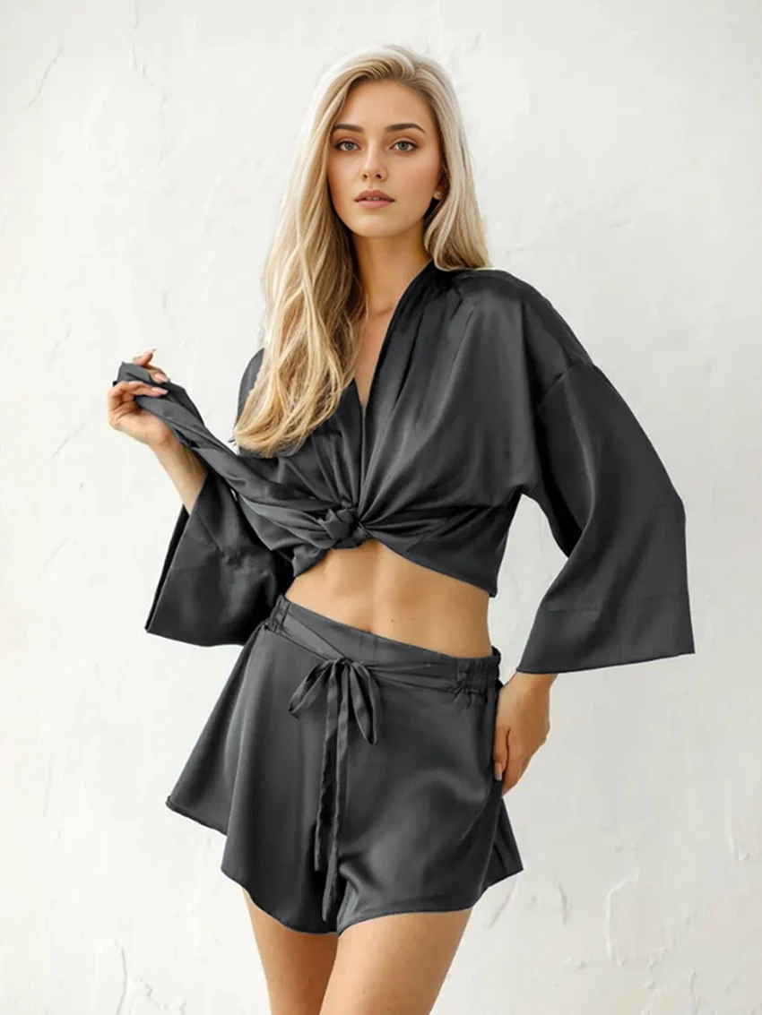 Marthaqiqi Fashion Ladies Nightgowns Set Sexy V-Neck Sleepwear Long Sleeve Pajamas Crop Top Lace Up Pyjama Shorts Nightwear Suit