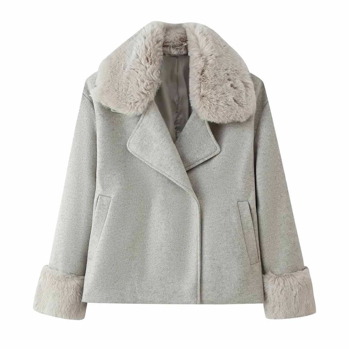 Women Gray Winter Warm Fur Spliced Woolen Coat Female Loose Lapel Long Sleeve Solid Short Jacket Autumn New Lady Elegant Overcoa