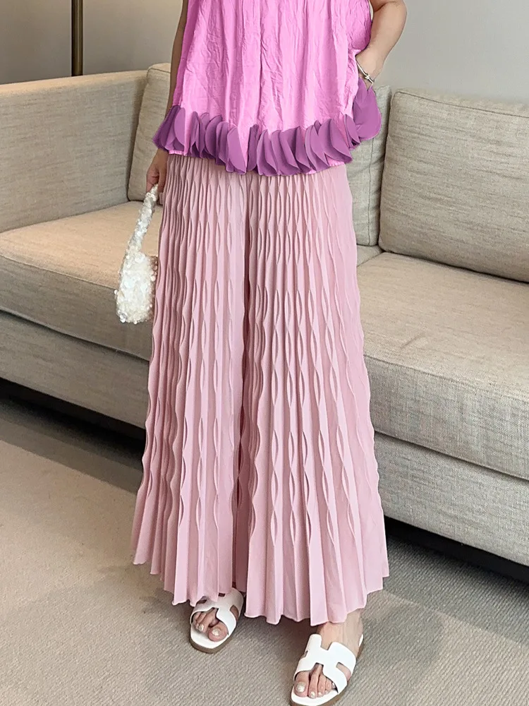 Pleated New Solid Color Elastic Waist Wide Leg Pants Fashion Hand Pleated Stretchy Loose Trousers Comfortable Women's