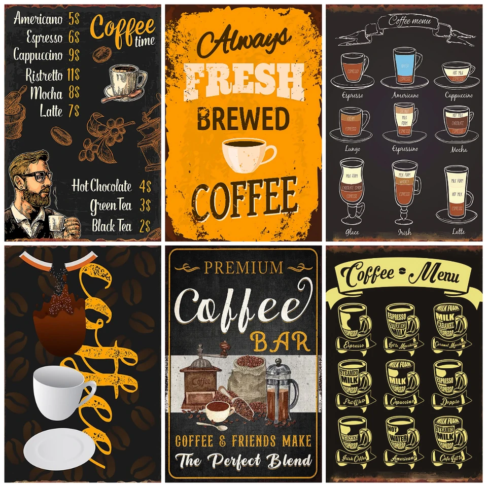 ヴィンテージの金属製のブリキの看板,コーヒーのメニュー,レトロな