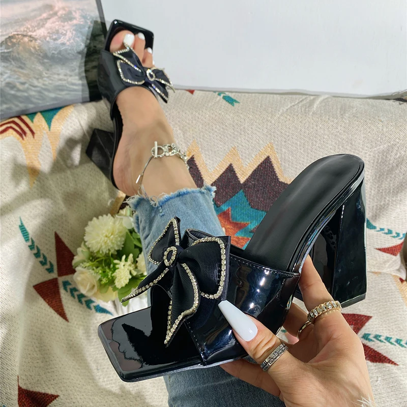 Kcenid Fashion Mesh Butterfly-knot Women Slippers Square Toe Street Style High Heels Sandals Women Summer Gladiator Ladies Shoes