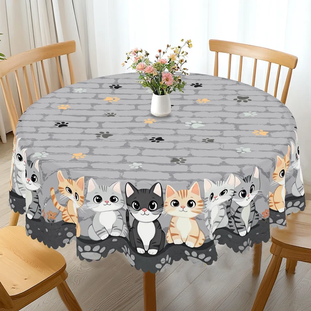 1 pièce de nappe rectangulaire grise rétro imprimé chat mignon, chat de printemps, patte de chat, nappe ronde à motif de pierre, décoration de fête, couverture de table de cuisine à domicile, utilisation intérieure et extérieure, décoration familiale, cadeau pour la famille et les amis 3