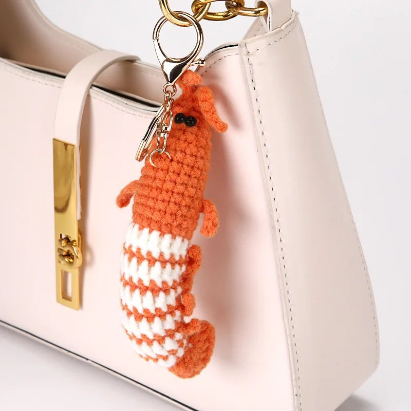 1Pc Cute Shrimp Charm Bag Pendant Cartoon Mini Hand Knitted Keyring Lovely Pendant Couple Keychain Bag Accessories