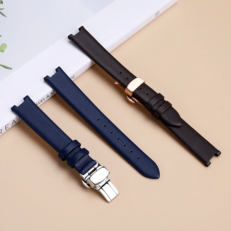 Women's Genuine Leather Cowhide Watchband with Notched 16mm Butterfly Buckle