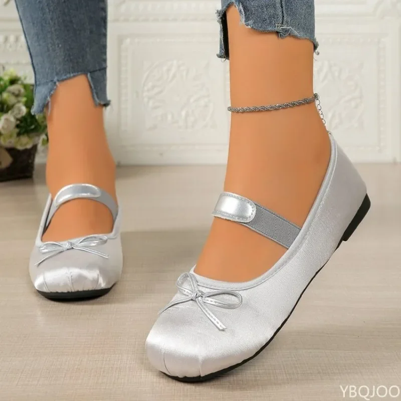 Women's Mary Jane Shoes Ballet Flats Female Bow Silk Satin shoes Round Toe Flat Women Plus Size Shallow mouth shoes 2026
