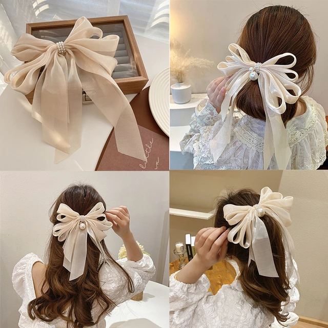 Women Big Bow Barrettes Girl's Satin Hairclips Long Ribbon Hair