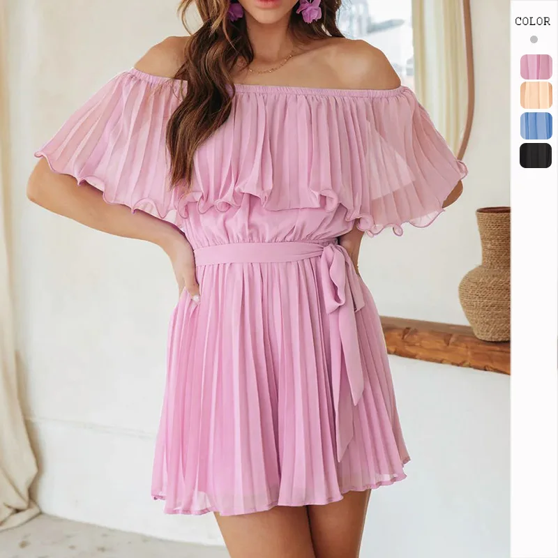 

Playsuit Women's 2023 Summer New Solid Color Sexy Pleated Jumpsuit Open Back Casual Off Shoulder Short Sleeve Jumpsuit