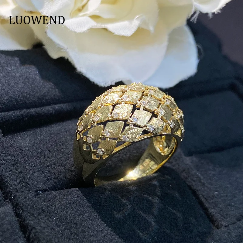 LUOWEND 18K Yellow Gold Rings Real Natural Diamond Ring Fashion Open Screen Wire Drawing Design Party Jewelry for Women Wedding 8 lcd screen digital microscope jewelry diamond color viewer for jeweler s top grade jewelry exhibition