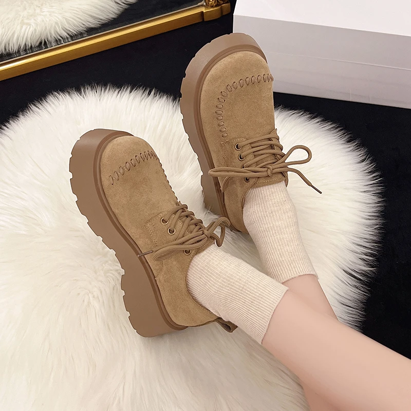 Aphixta Winter Platform Woman Casual Shoes Camel Lace Up Suede Chunky Heel Woman Shoes Warm Short Plush Weave Design Footwear