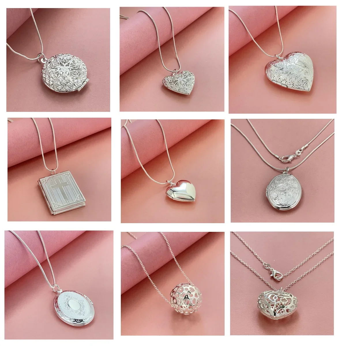 925 Sterling Silver Necklace Heart Shape Cross Photo Frame Pendant for Gift Women