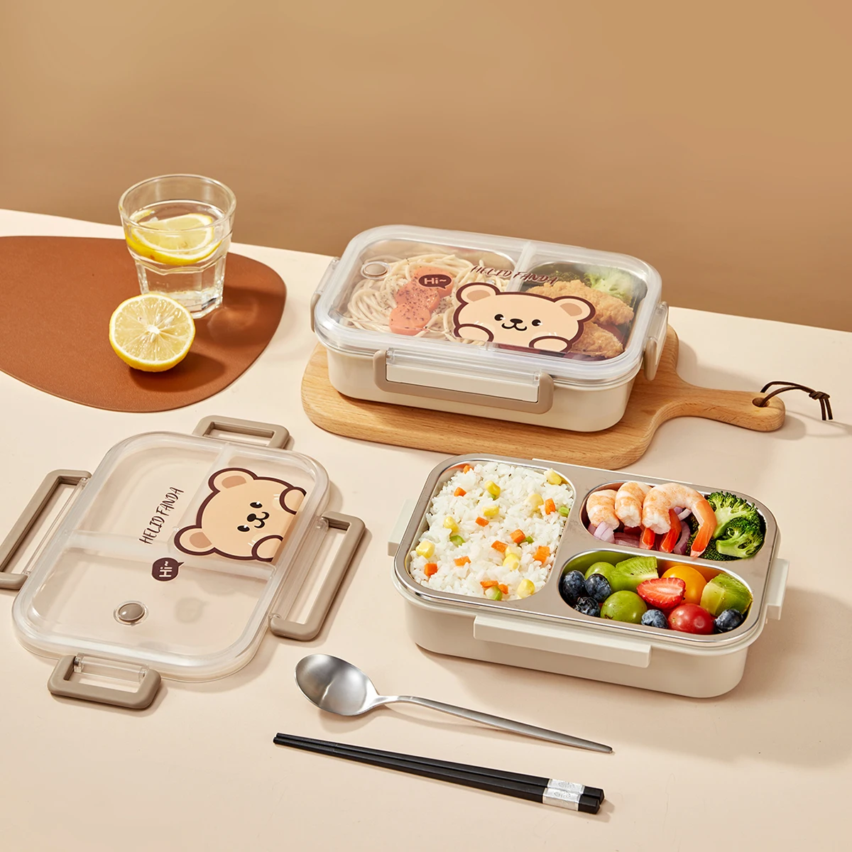 WORTHBUY 학생용 스테인리스 스틸 분할 도시락, 커트레이 및 가방 포함, 휴대용 누출 방지 샐러드 식품 용기, 어린이, 304