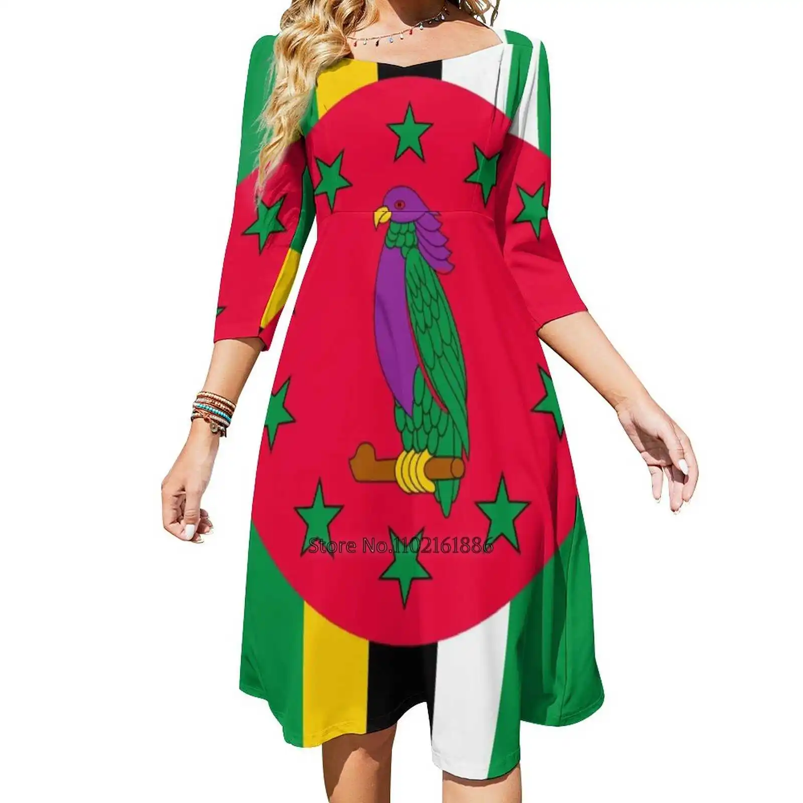

Dominica Flag Square Neck Dress Summer Dress Women Elegant Halter Print Dress Dominica Flag Country World Fashion Men Womens