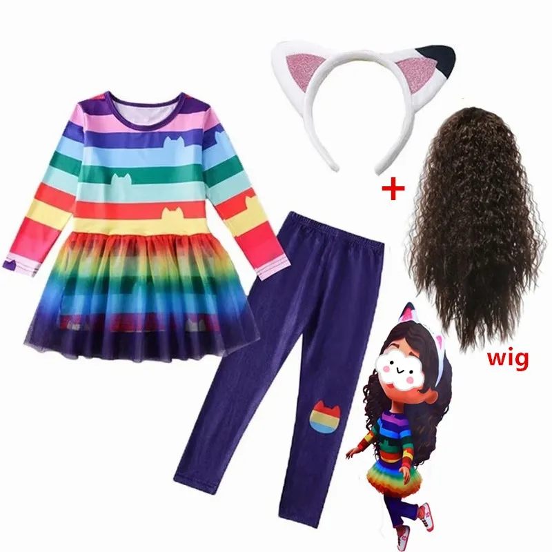 Kids Girls Dress G-Gabby Cats Baby Girls Summer G-Gabby's Dollhouse Dress Rainbow stripe Cosplay Princess Toddler Birthday Party +wig